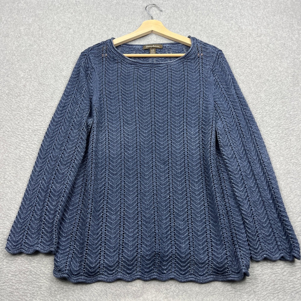 Tommy Bahama Cedar Pointelle Linen Boatneck Sweater Womens Large Blue Pullover